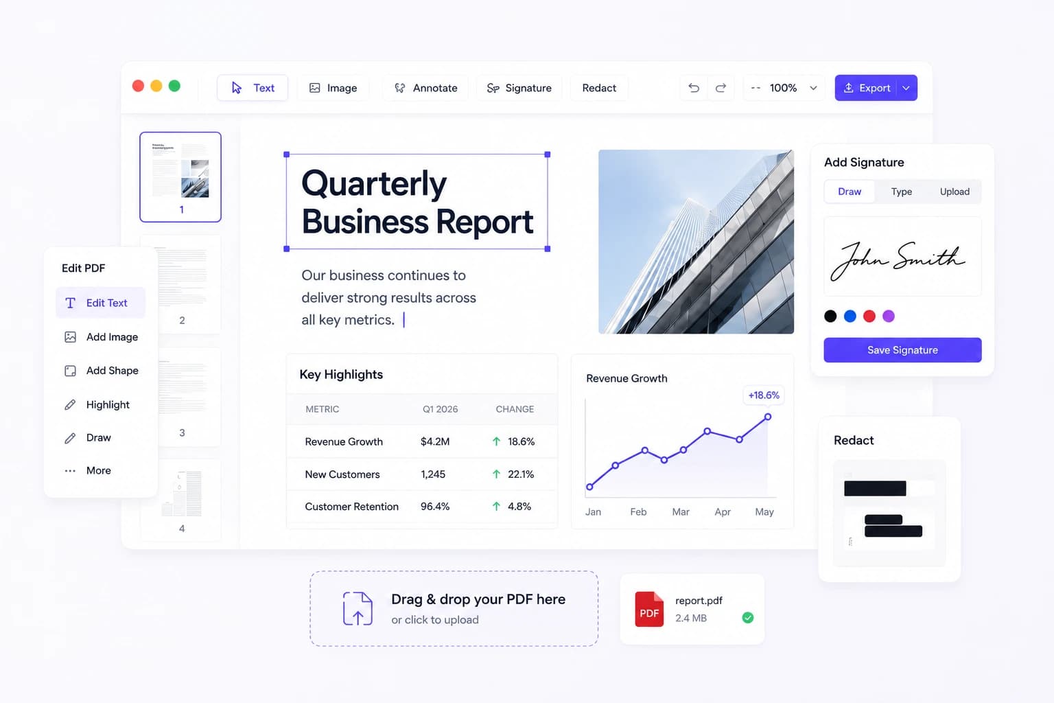 Online PDF Edits editor open on a business report — text selected, with signature and redaction panels