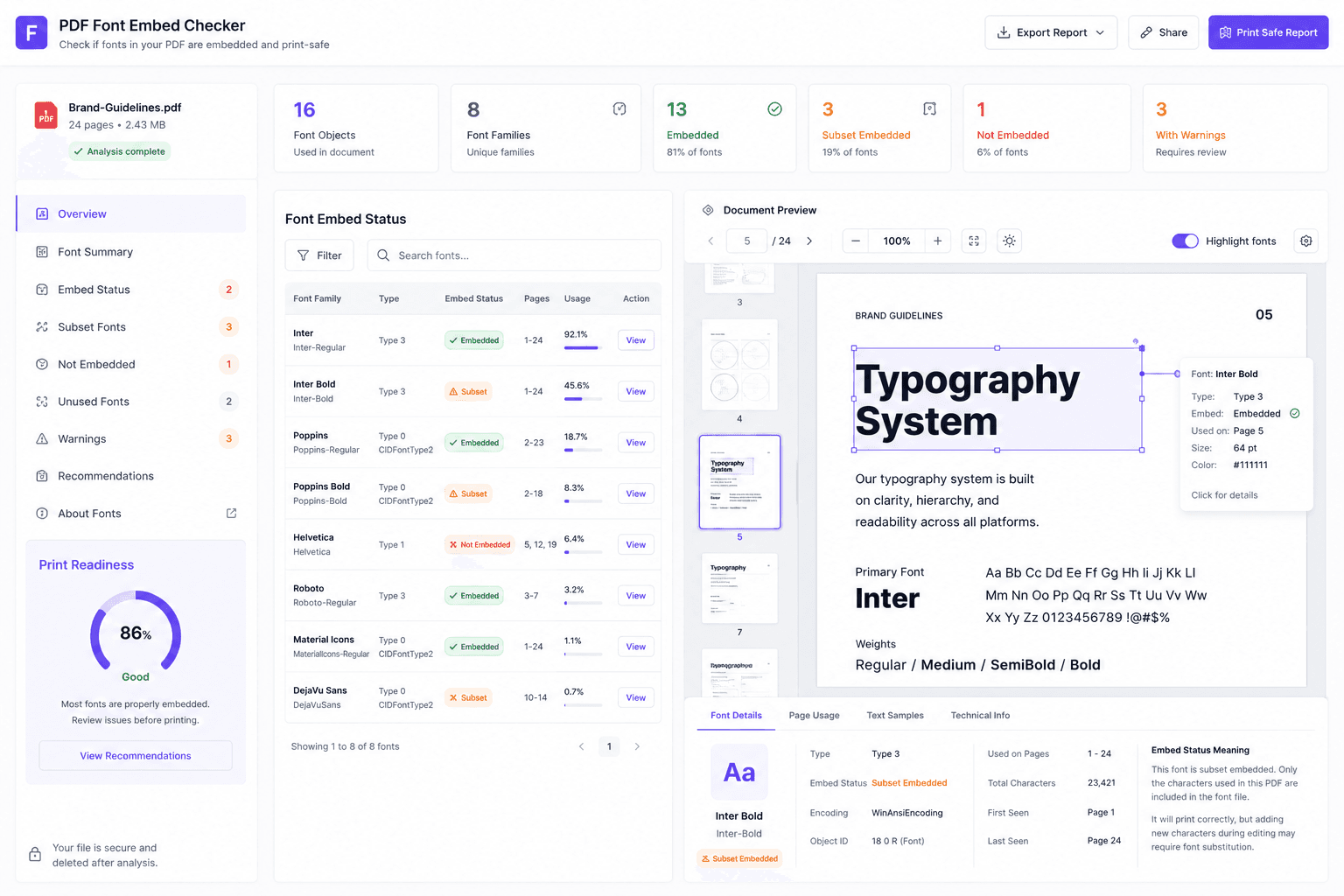 PDF Font Embed Checker results — font families with embed status, print-readiness score, and the document preview with fonts highlighted on the page