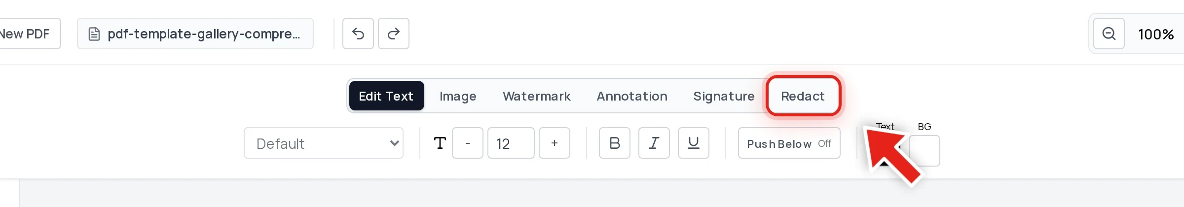Clicking the Redact tab in the PDF editor toolbar