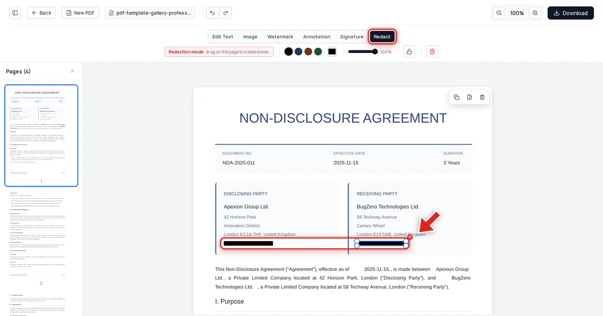 Two companies' registration numbers redacted with black bars in an NDA, side by side in Redaction mode