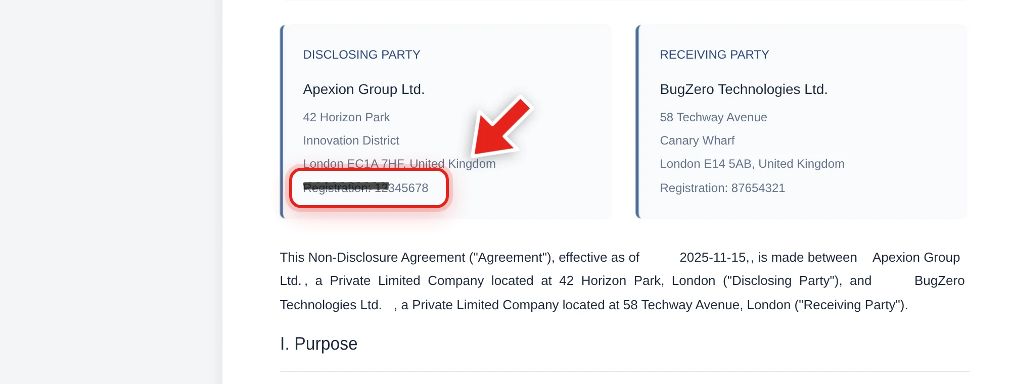 Dragging to select a company registration number in an NDA, with the redaction box mid-drag