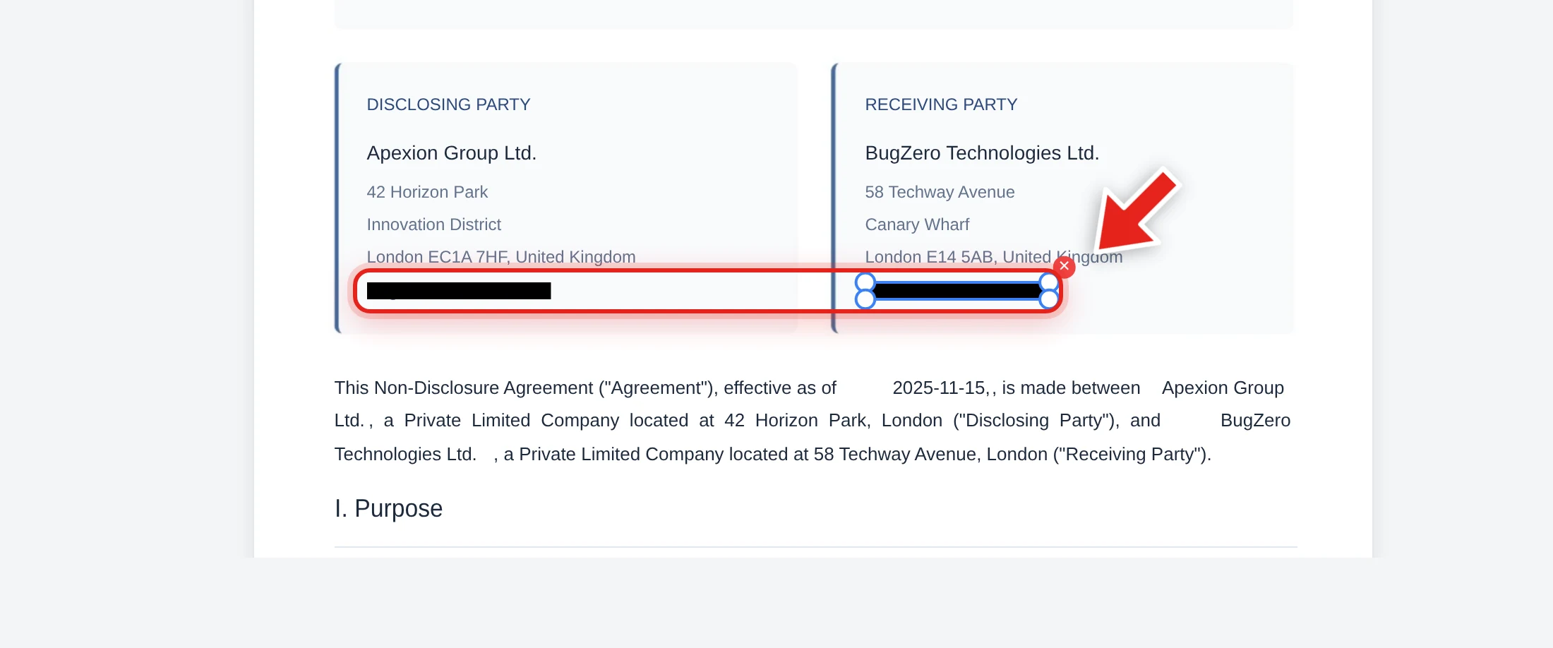 Two companies' registration numbers redacted side by side in an NDA, shown in Redaction mode