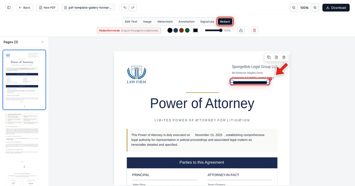 A black redaction bar drawn over a law firm's email address in a PDF, with the underlying text still present until export removes it