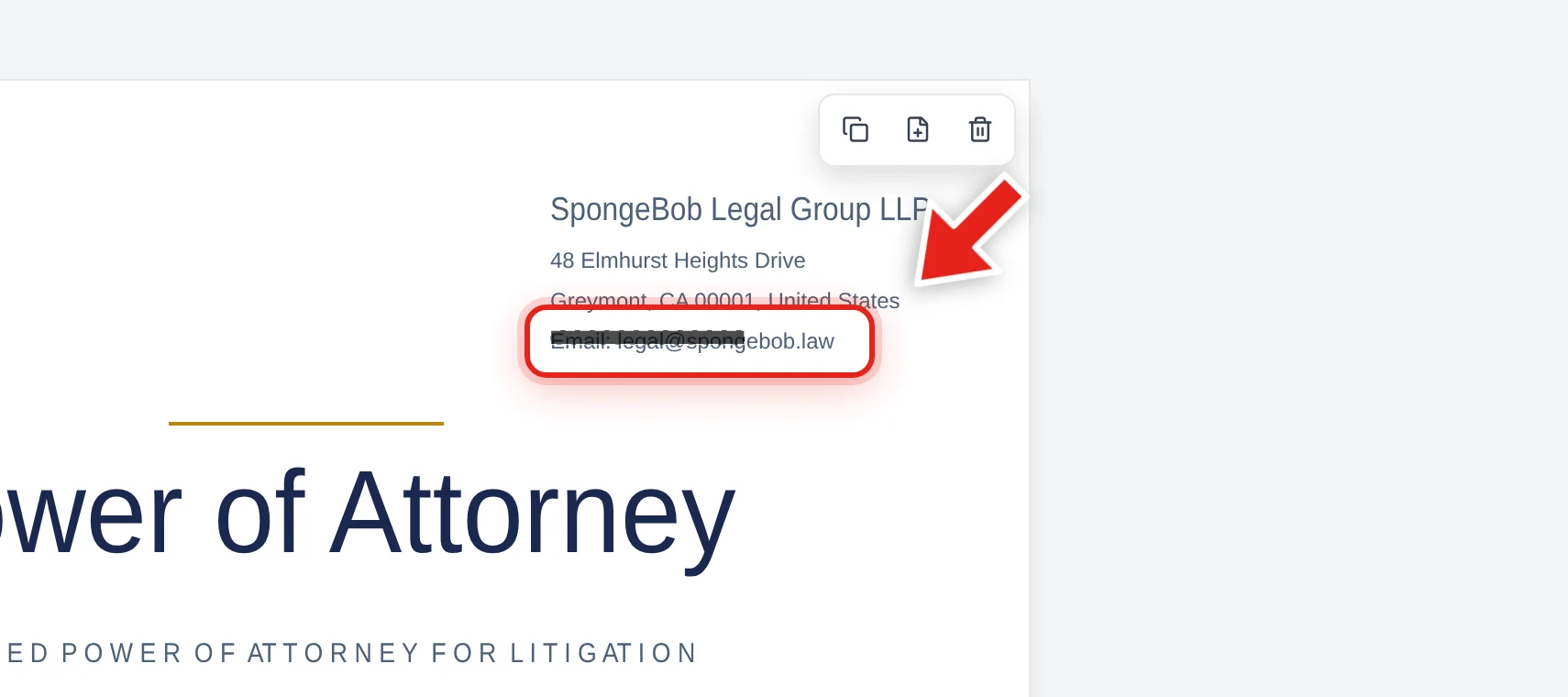 Dragging to select a law firm's email address in a power of attorney PDF, with the redaction box mid-drag