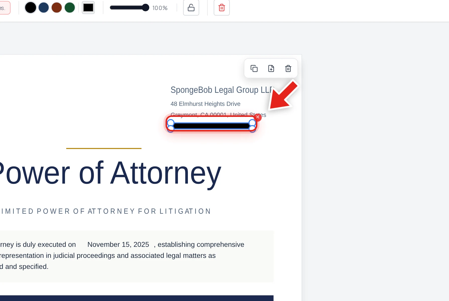 A black redaction bar drawn over a law firm's email address in a power of attorney PDF, with the Redact tab highlighted