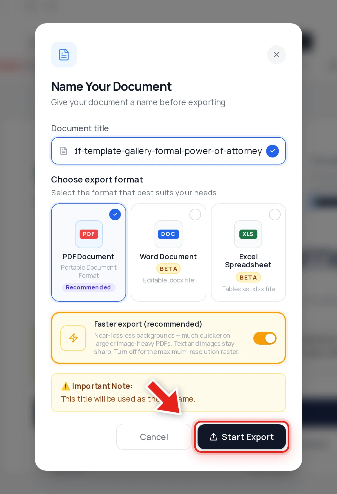 The PDF export dialog with PDF Document selected and Start Export highlighted