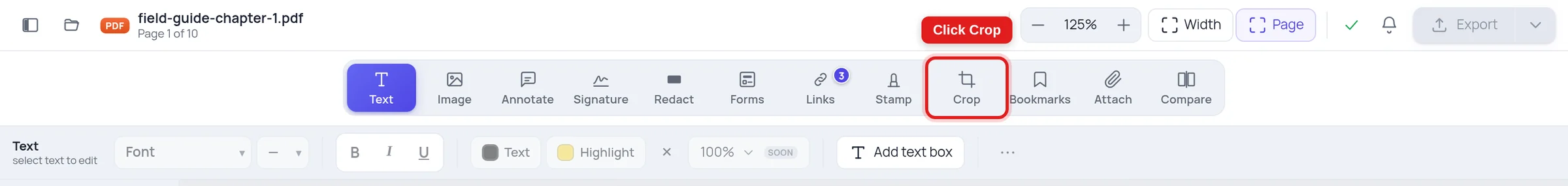 The Crop tool highlighted in the Online PDF Edits toolbar