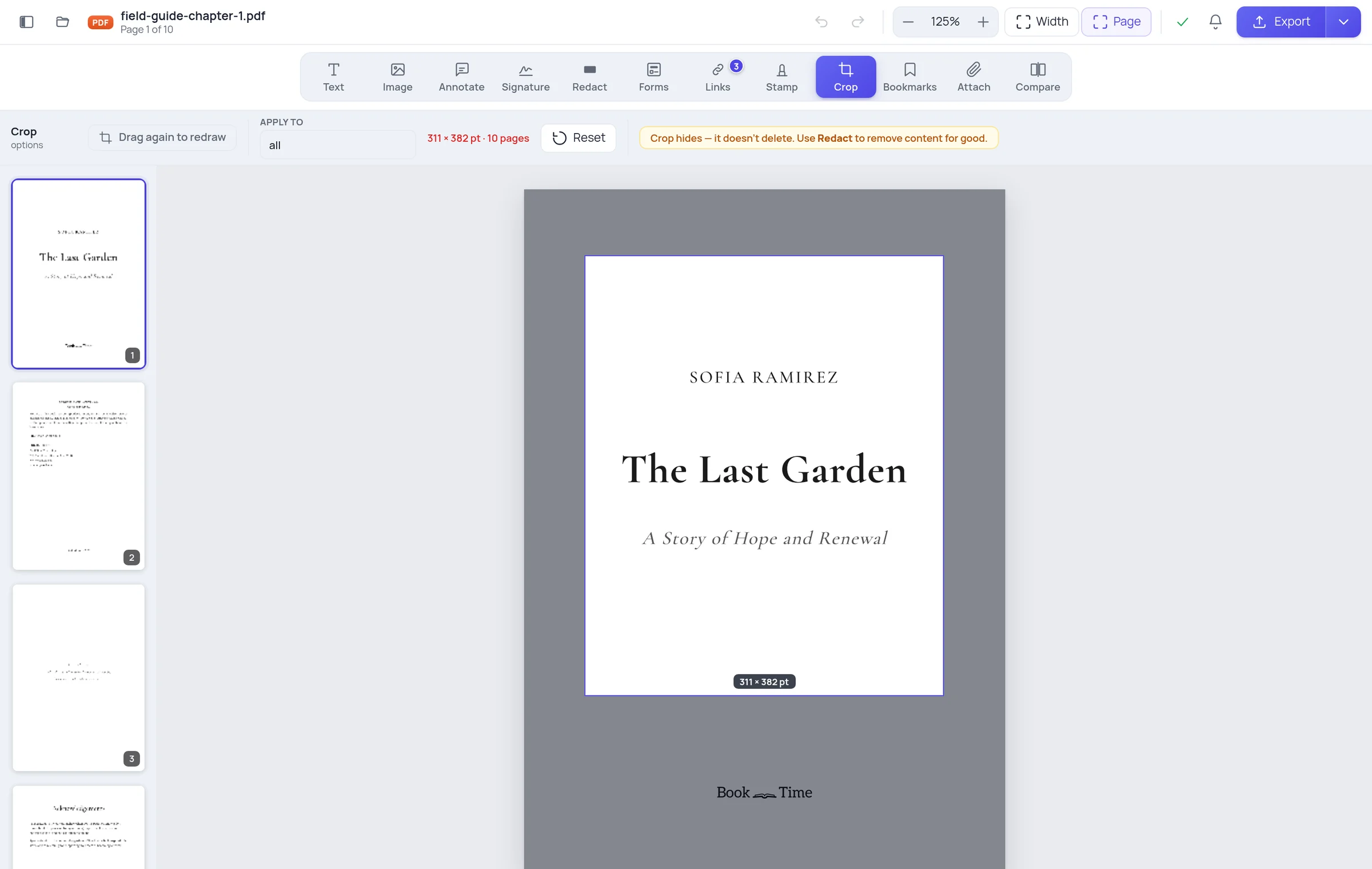 Dragging a crop area on the page, with the margins outside it dimmed
