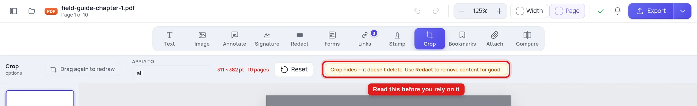 The toolbar showing the notice that cropping hides content rather than deleting it