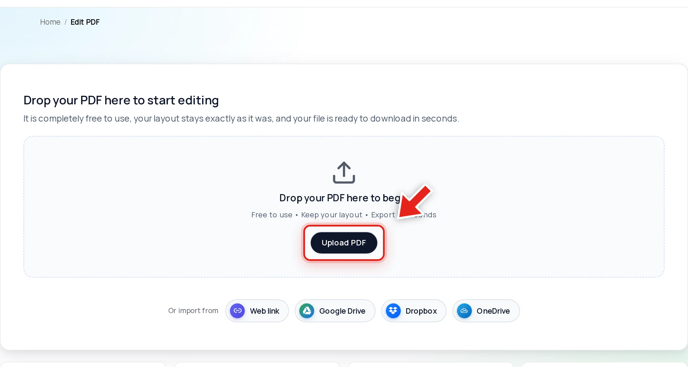 Uploading a PDF to the Online PDF Edits editor — the Upload PDF button highlighted