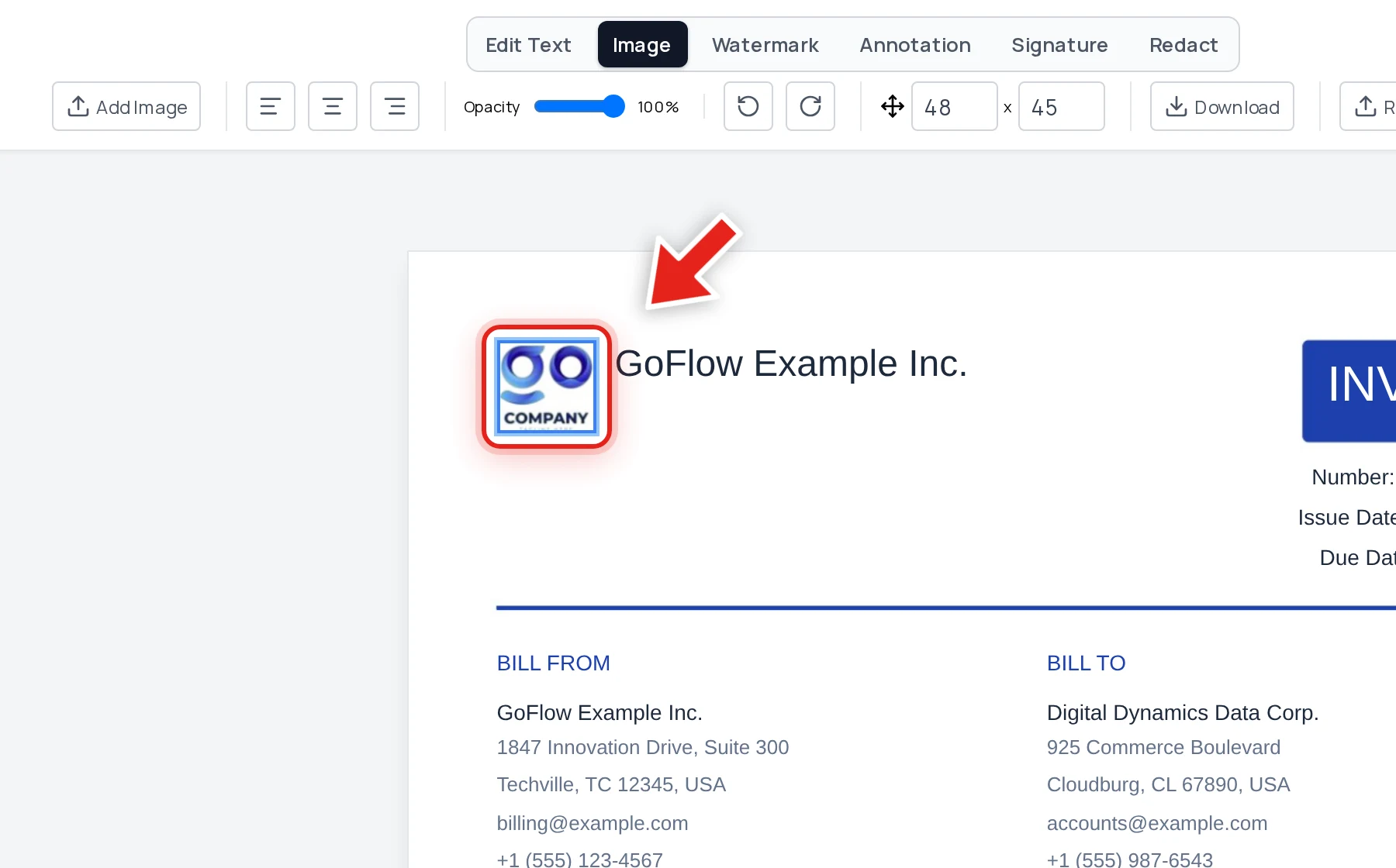 A logo selected on the PDF page with a red highlight, ready to download