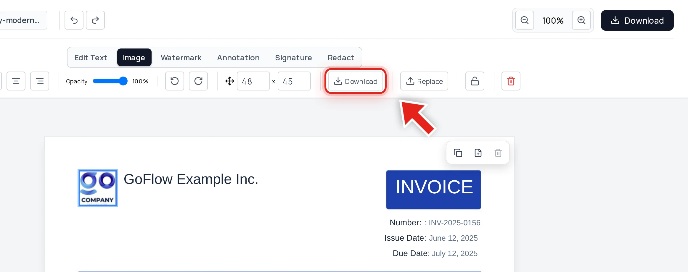 The Download image button highlighted in the image toolbar of the PDF editor