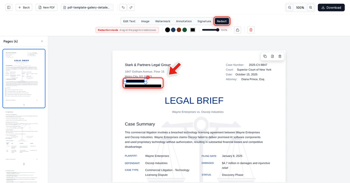 PDF editor with a redaction bar applied over a law firm's contact details, illustrating true content-removal redaction