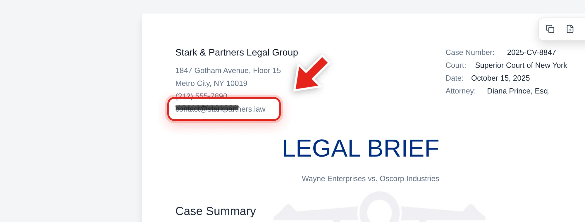 Dragging to select a law firm's email address in a legal brief, with the redaction box mid-drag