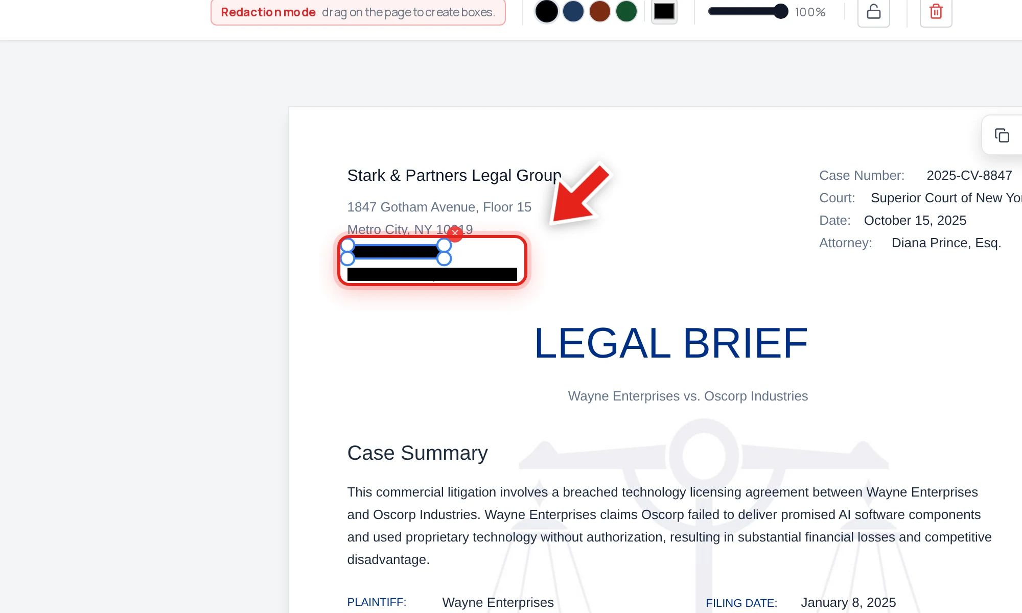 A redaction bar applied over a law firm's address and phone number in a legal brief, with the Redact tab highlighted