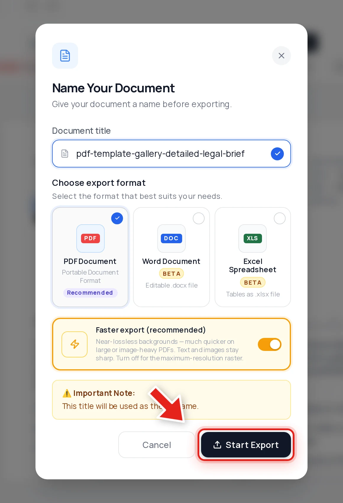 The PDF export dialog with PDF Document selected and Start Export highlighted