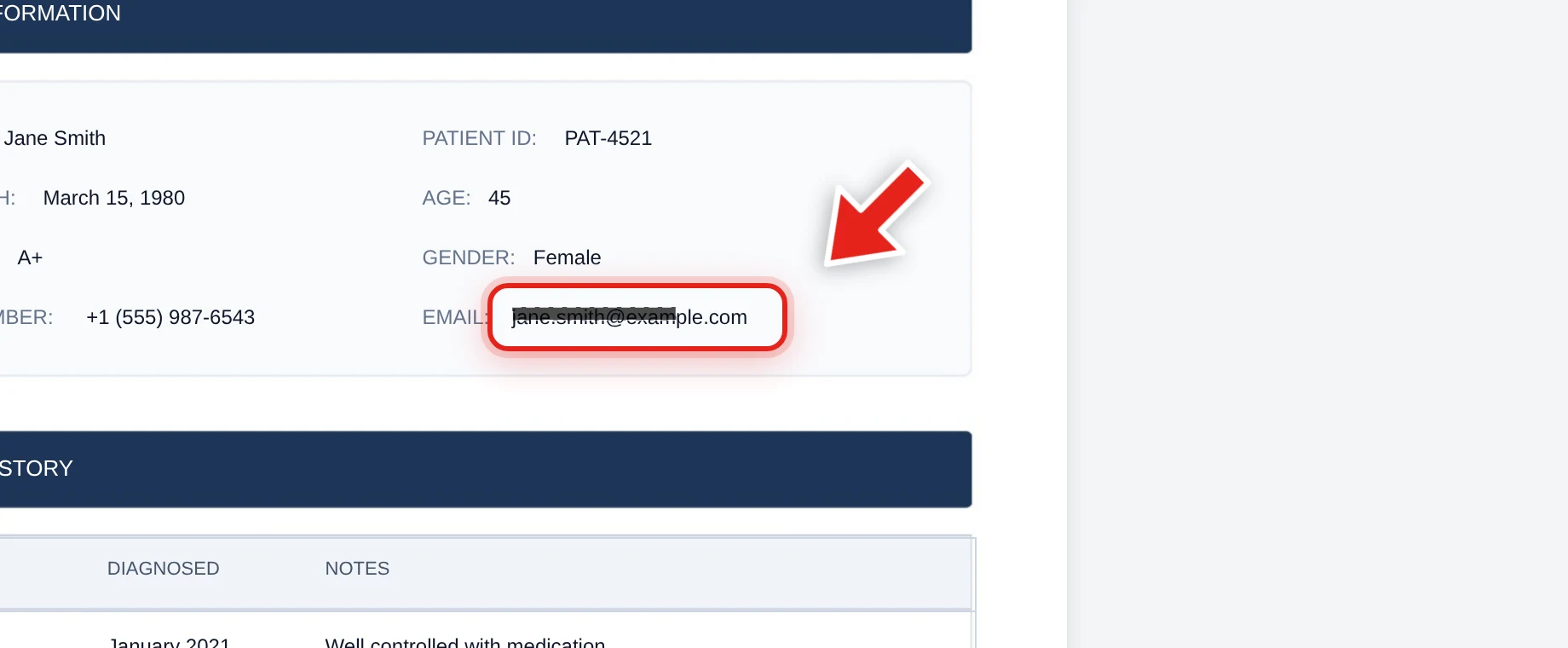 Dragging to select a patient's email address in a medical record, with the redaction box mid-drag