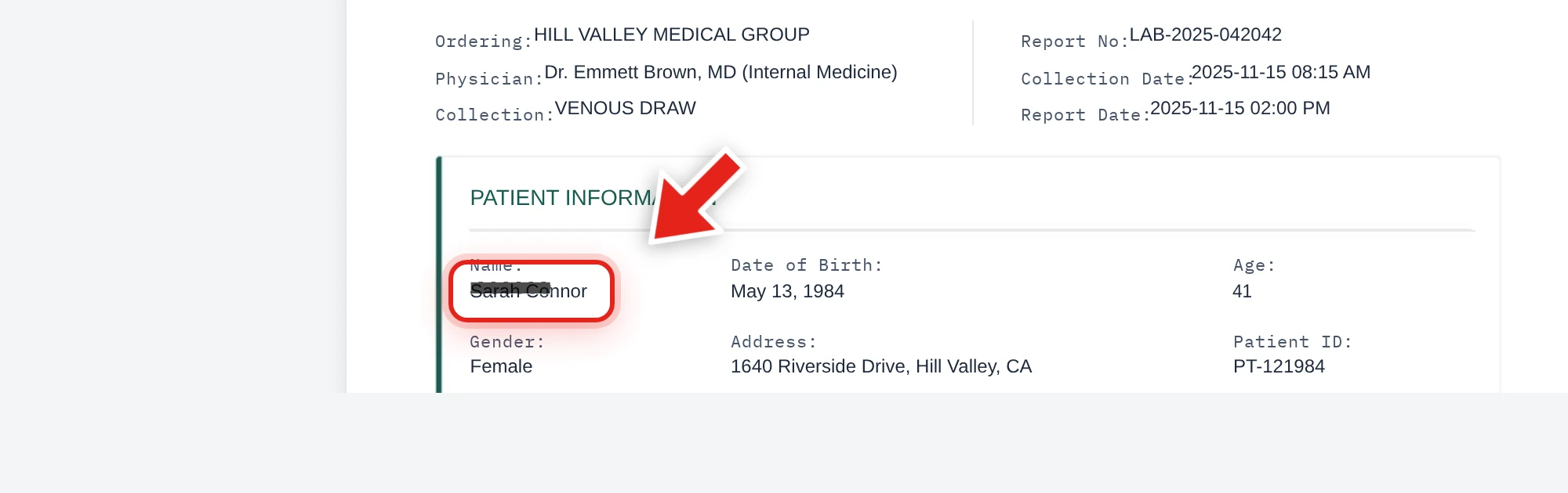 Dragging to select a patient's name in a lab test report, with the redaction box mid-drag