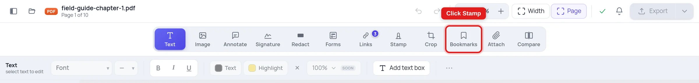 The Stamp tool highlighted in the Online PDF Edits toolbar