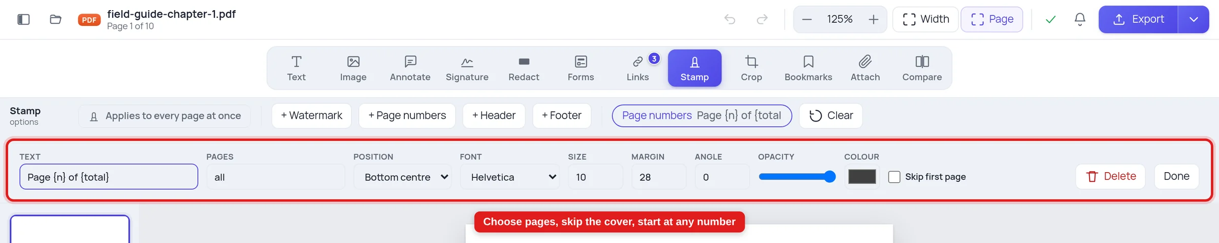 The page-number settings panel showing text, pages, position, font, size, margin and skip-first options
