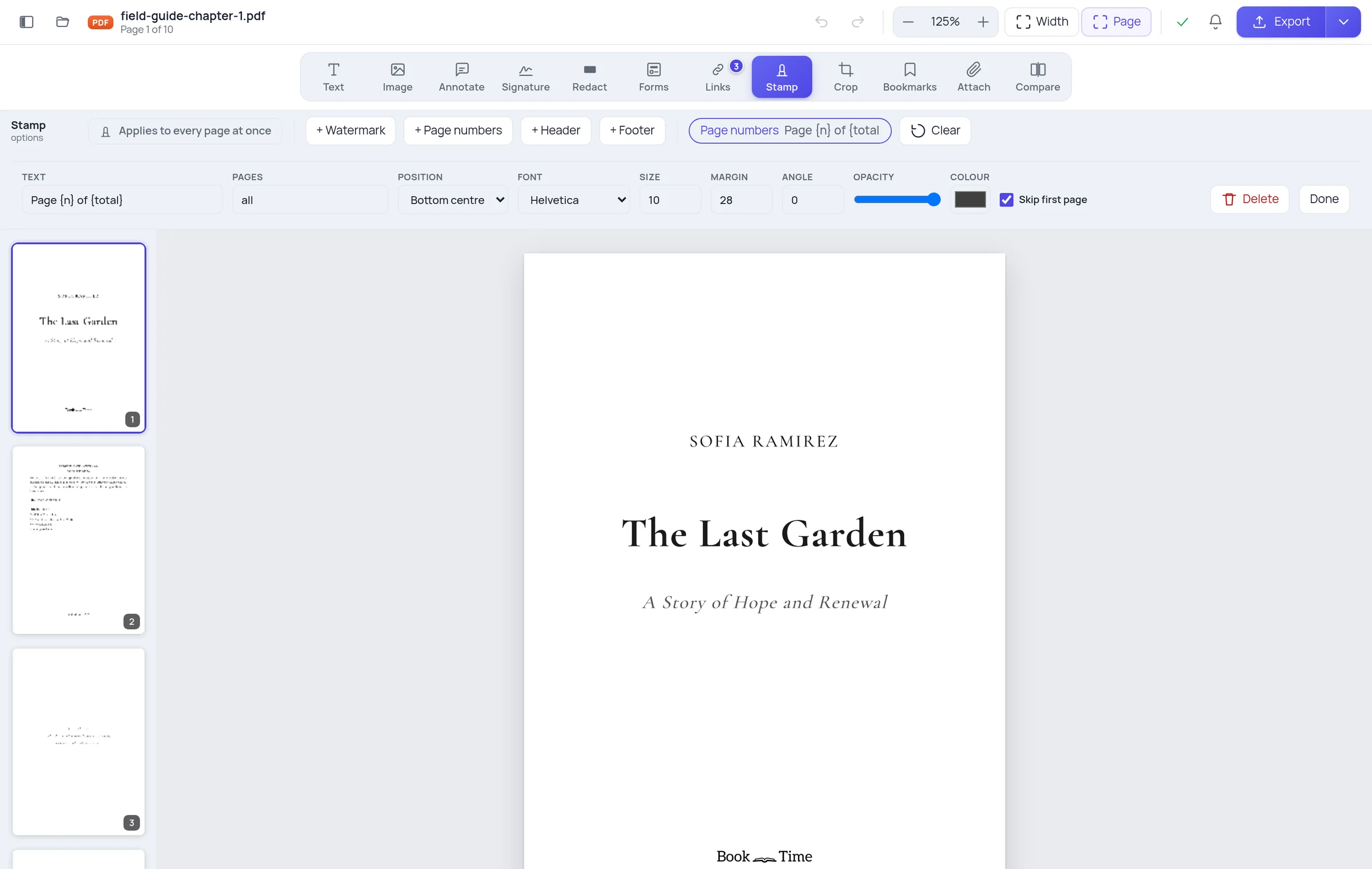 Page numbers previewed on the document pages