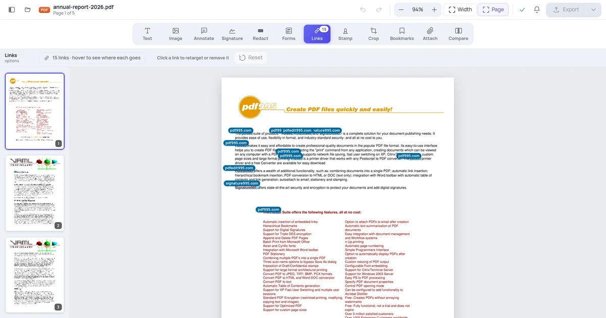 The Links tool in the Online PDF Edits editor showing every clickable link in a PDF outlined with its destination