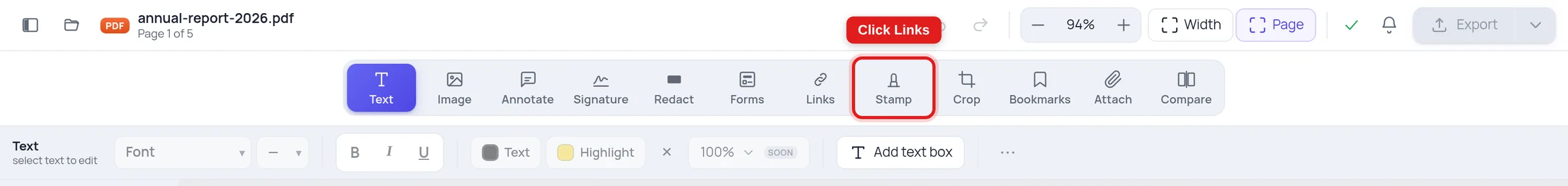 The Links tool highlighted in the Online PDF Edits toolbar