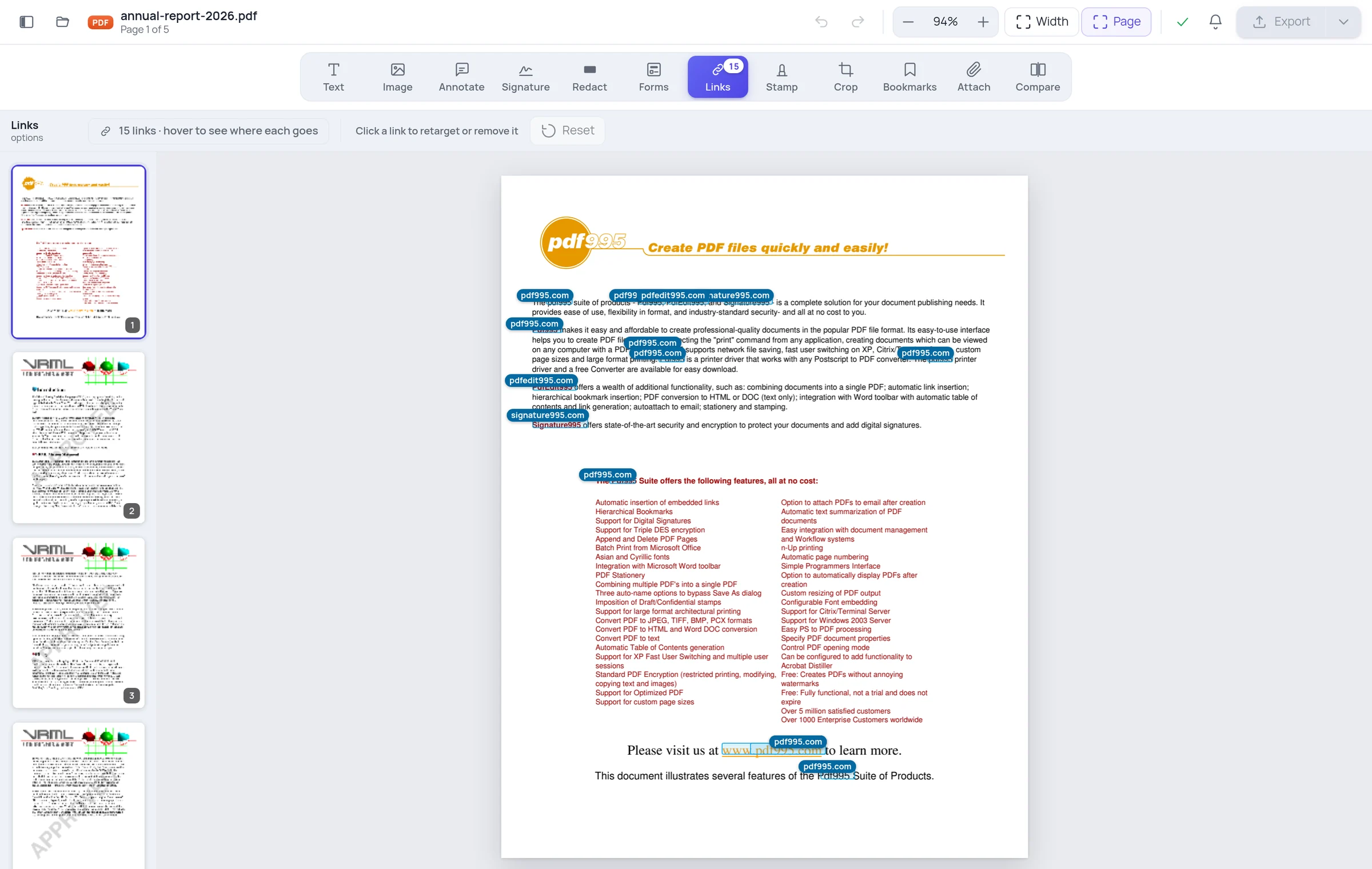Every link in the PDF outlined on the page with its destination shown on a badge