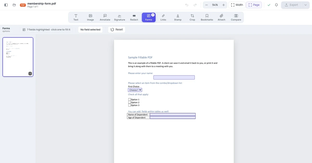 The Forms tool in the Online PDF Edits editor with seven detected form fields highlighted on a fillable PDF