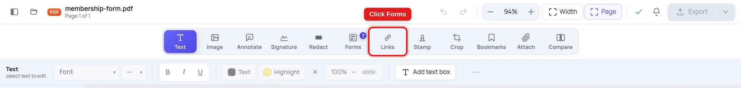 The Forms tool highlighted in the Online PDF Edits toolbar