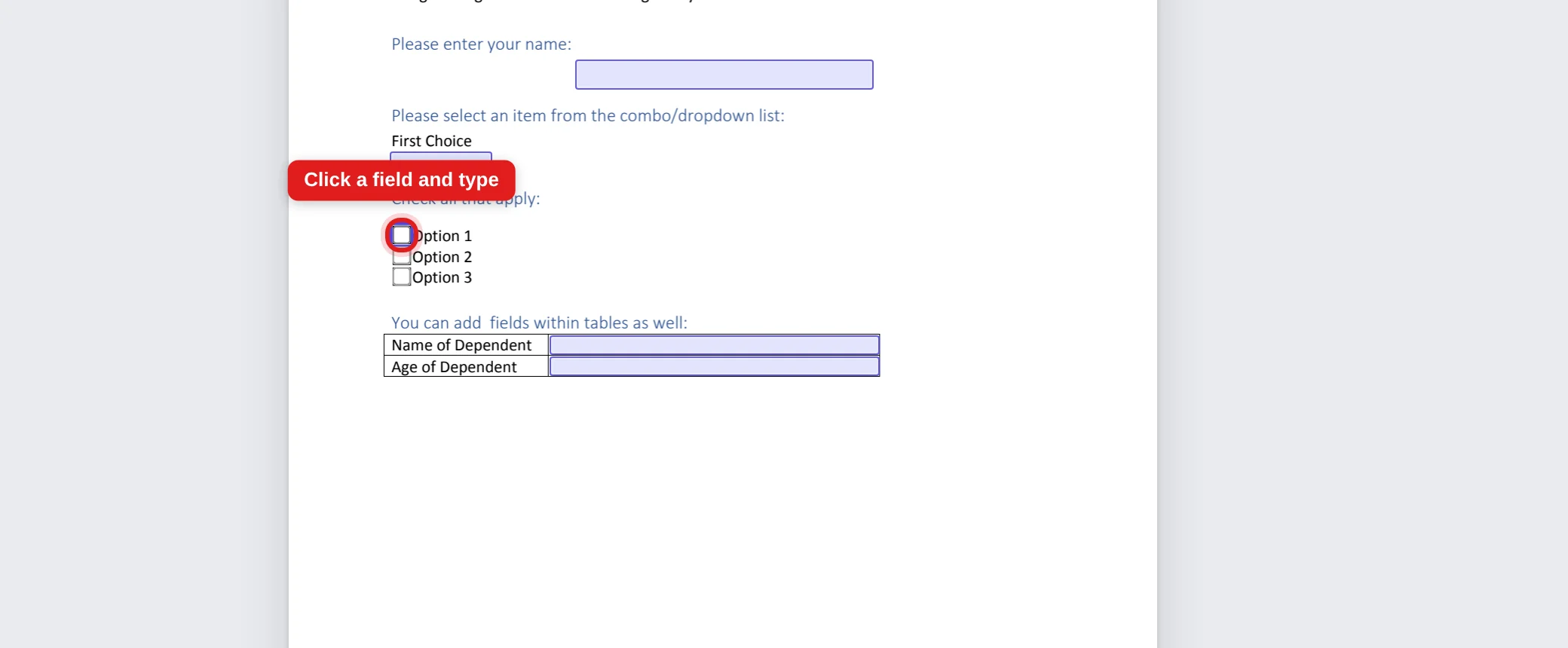 Typing a name into a highlighted PDF form field