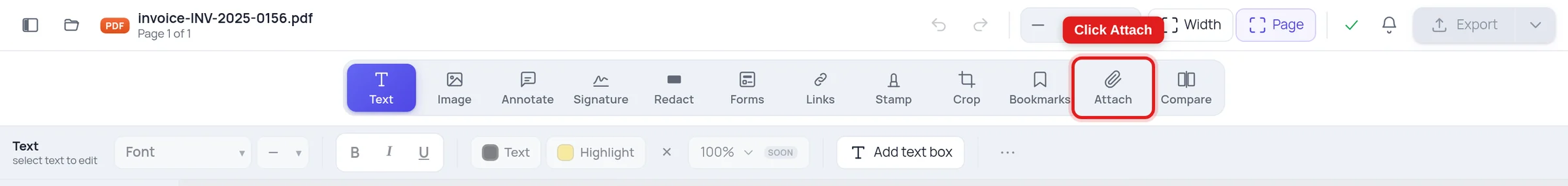 The Attach tool highlighted in the Online PDF Edits toolbar