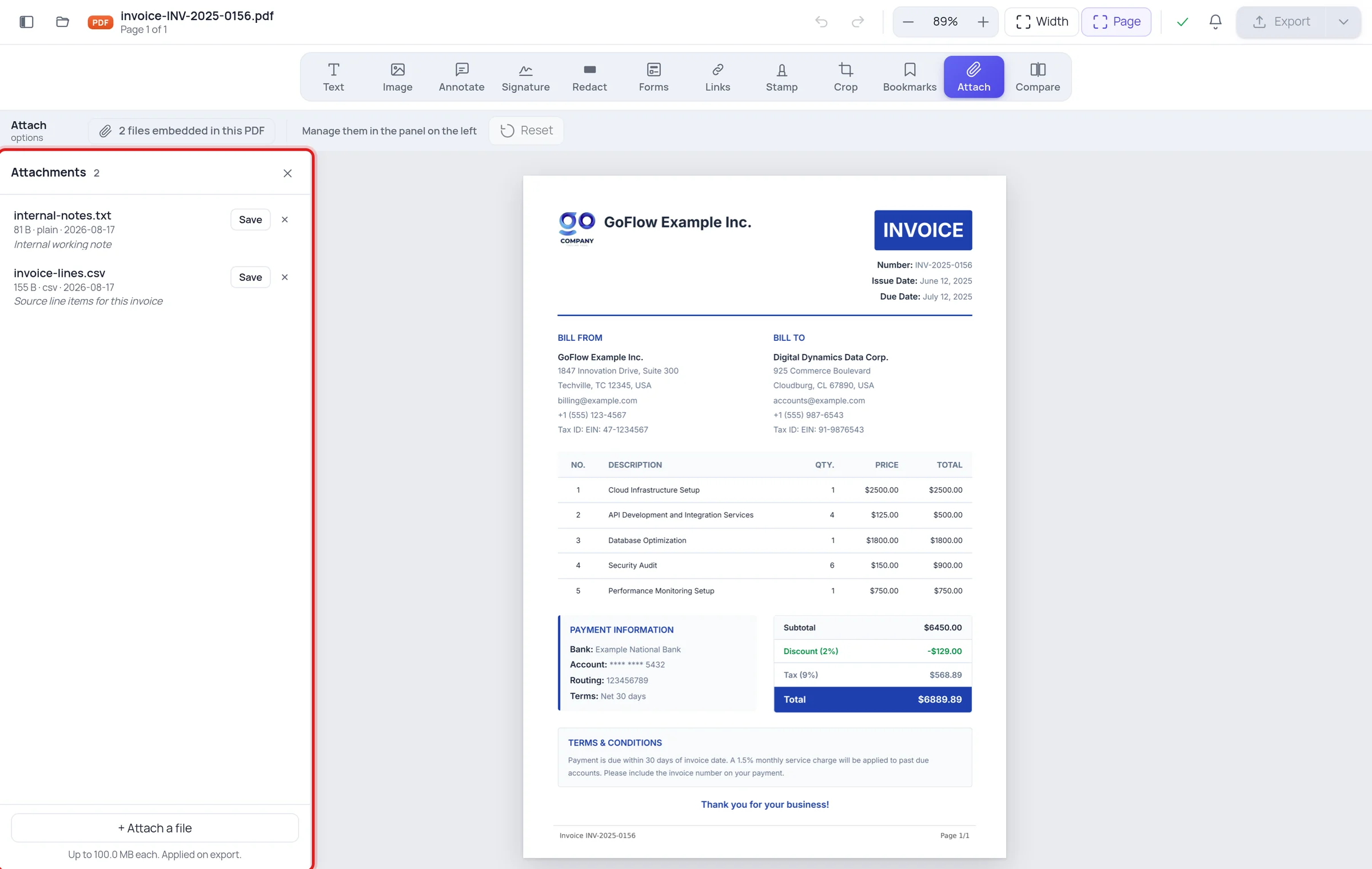 The attachments panel listing two files embedded inside an invoice PDF