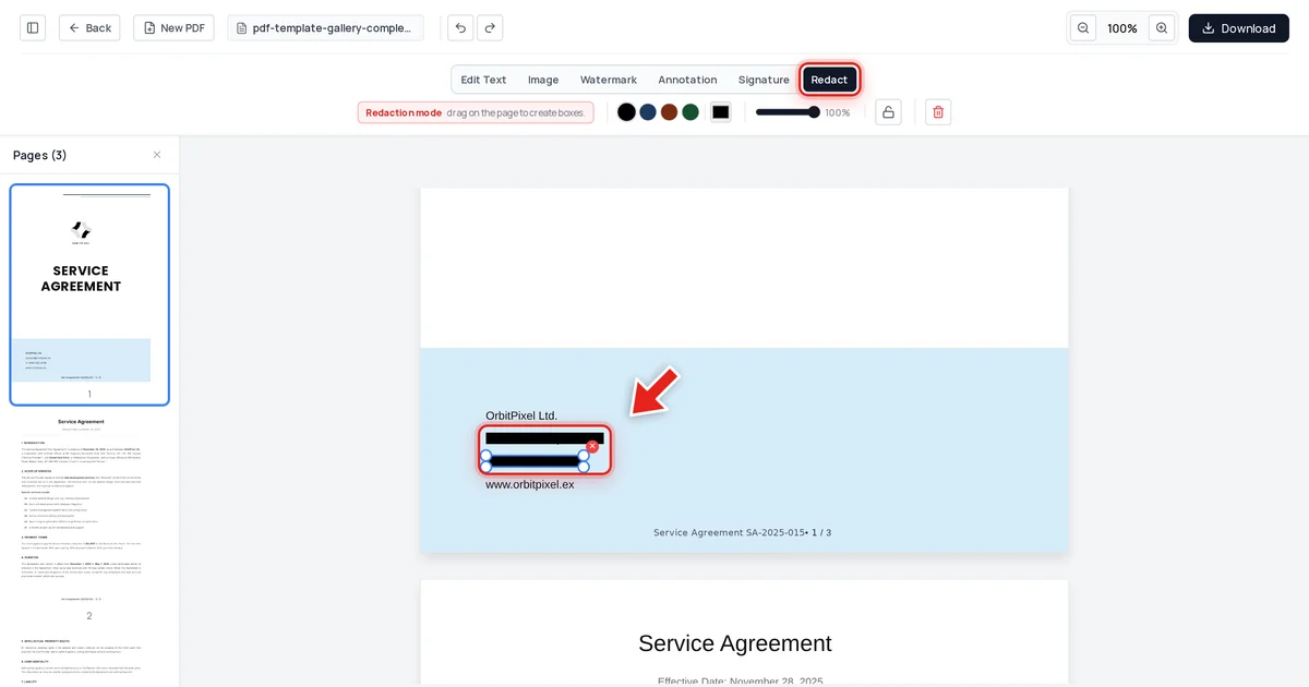 A law firm's contact details redacted with black bars in a service agreement PDF, shown in Redaction mode