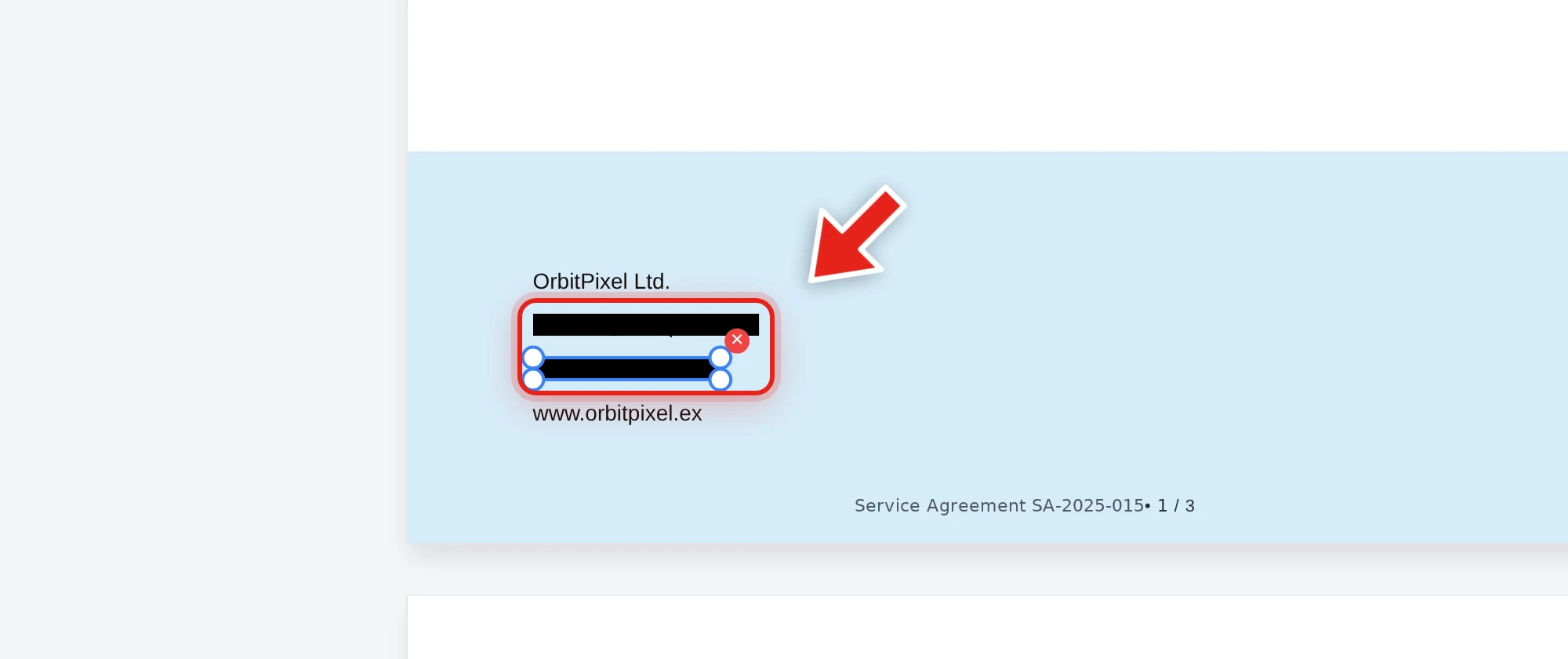 A law firm's contact details redacted with black bars in a service agreement, shown in Redaction mode