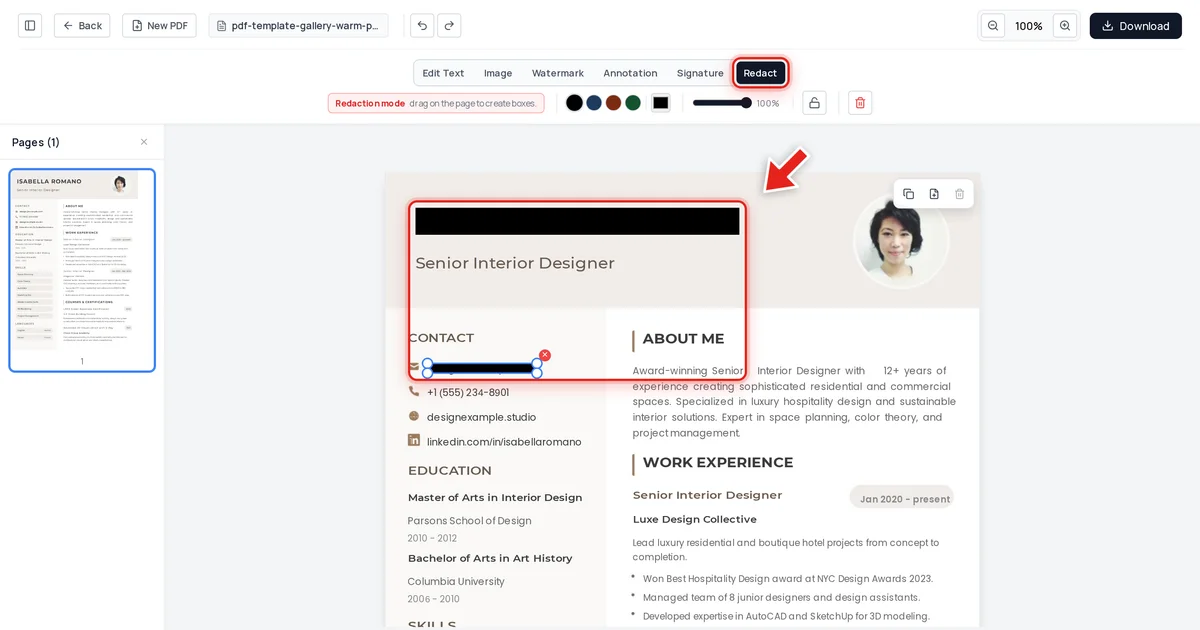 A candidate's name redacted with a black bar on a resume, shown in Redaction mode