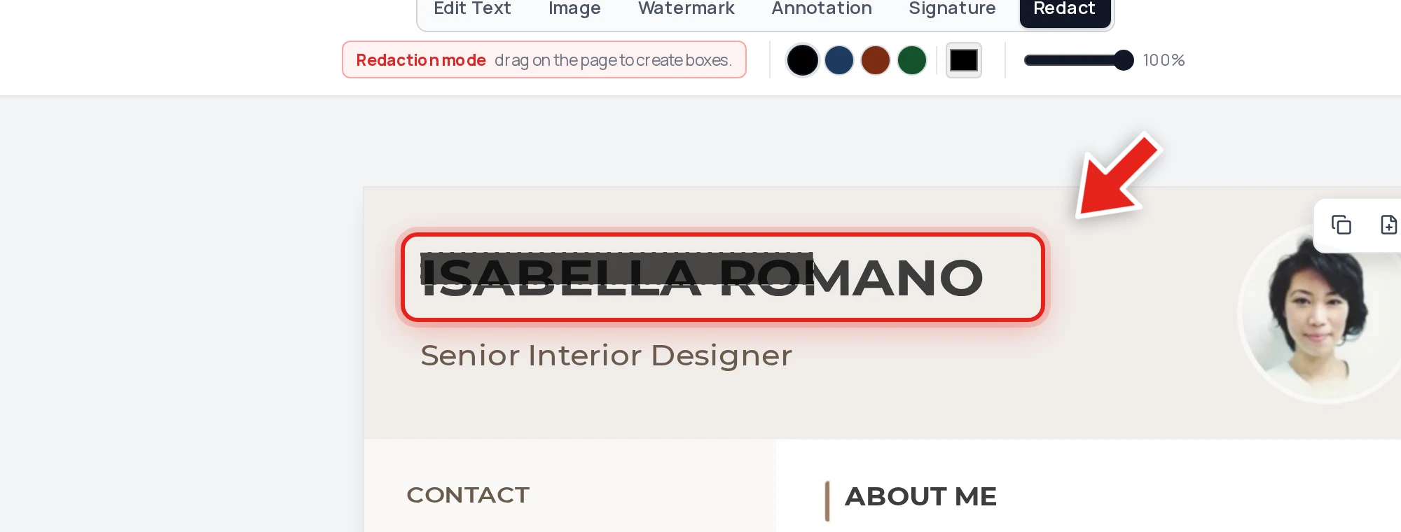 Dragging to select a candidate's name on a resume, with the redaction box mid-drag