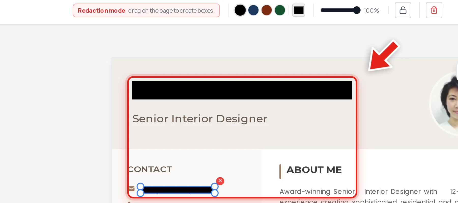 A candidate's name and contact details redacted with black bars on a resume, shown in Redaction mode