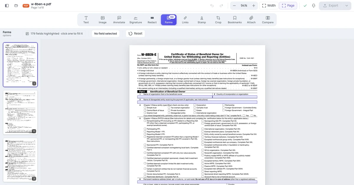 The Forms tool showing 179 detected fields highlighted on an official W-8BEN-E tax form