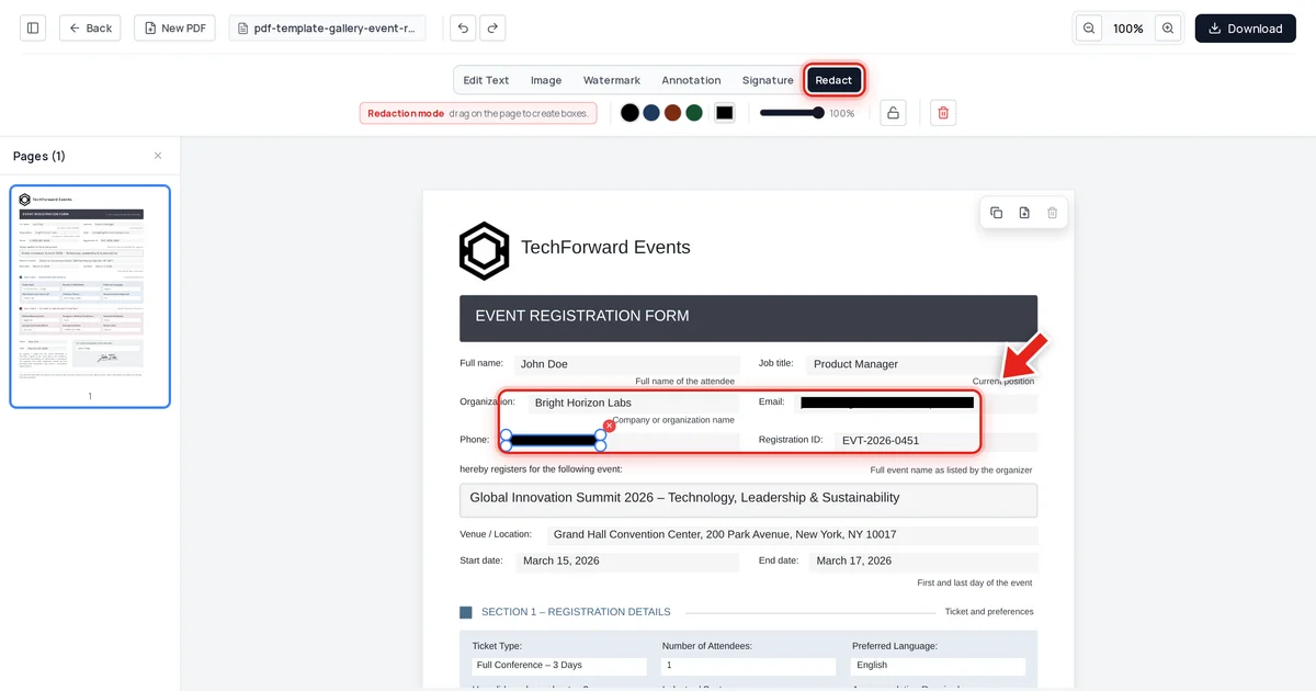 An attendee's email and phone number redacted with black bars on an event registration form, shown in Redaction mode