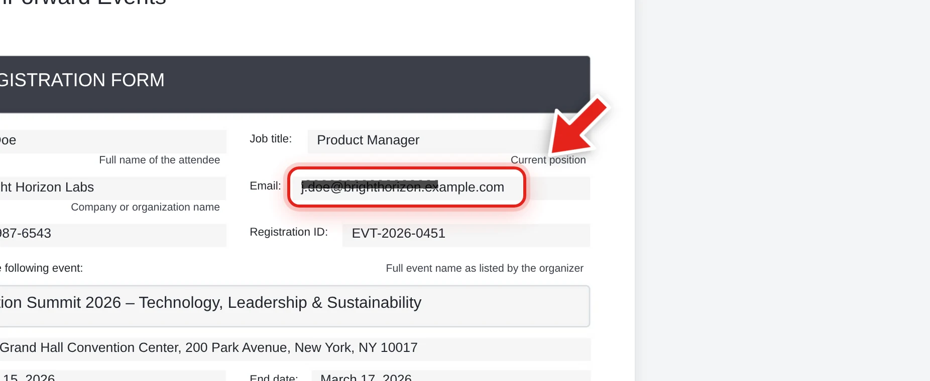 Dragging to select an attendee's email address on an event registration form, with the redaction box mid-drag