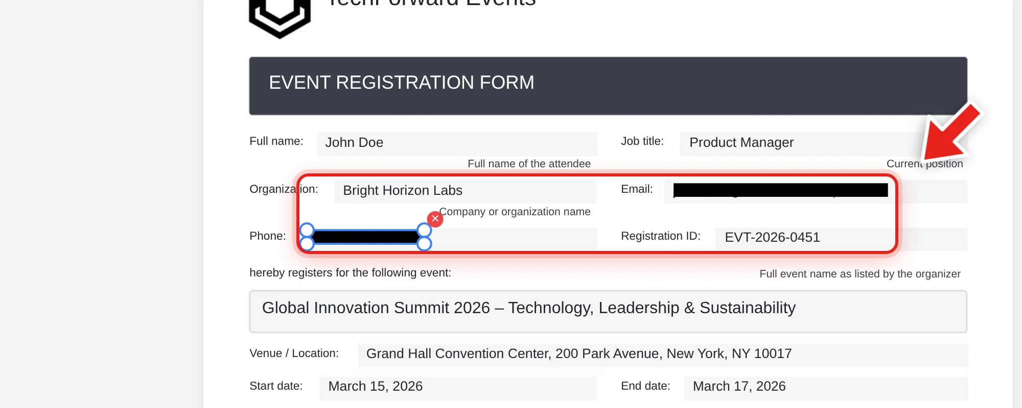 An attendee's email and phone number redacted with black bars on an event registration form, shown in Redaction mode