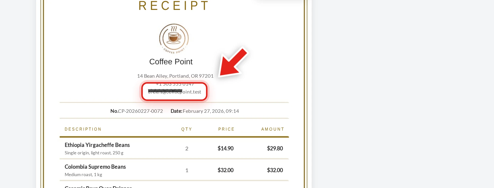 Dragging to select a coffee shop's email address on a receipt, with the redaction box mid-drag