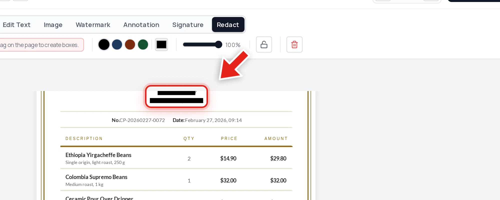 A coffee shop's email and phone number redacted with black bars on a receipt, shown in Redaction mode