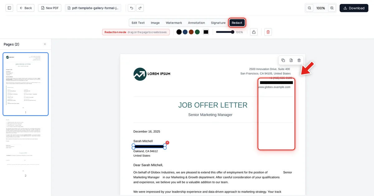 A recipient's home address redacted with a black bar in a job offer letter PDF, shown in the editor's Redact mode