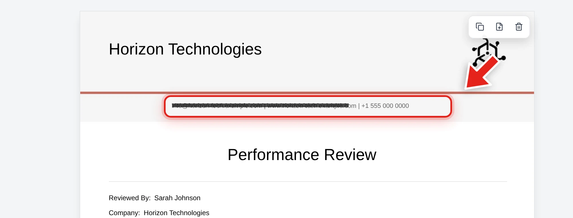 Dragging to select a company's contact line in a performance review, with the redaction box mid-drag