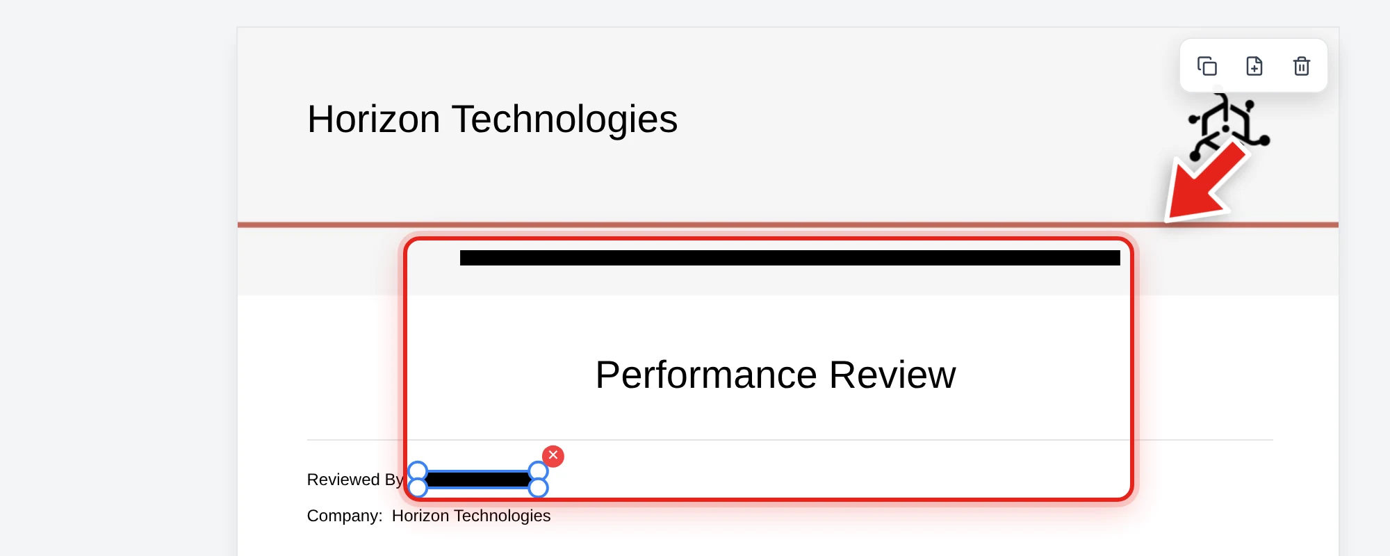 A company email and reviewer name redacted with black bars in a performance review, shown in Redaction mode