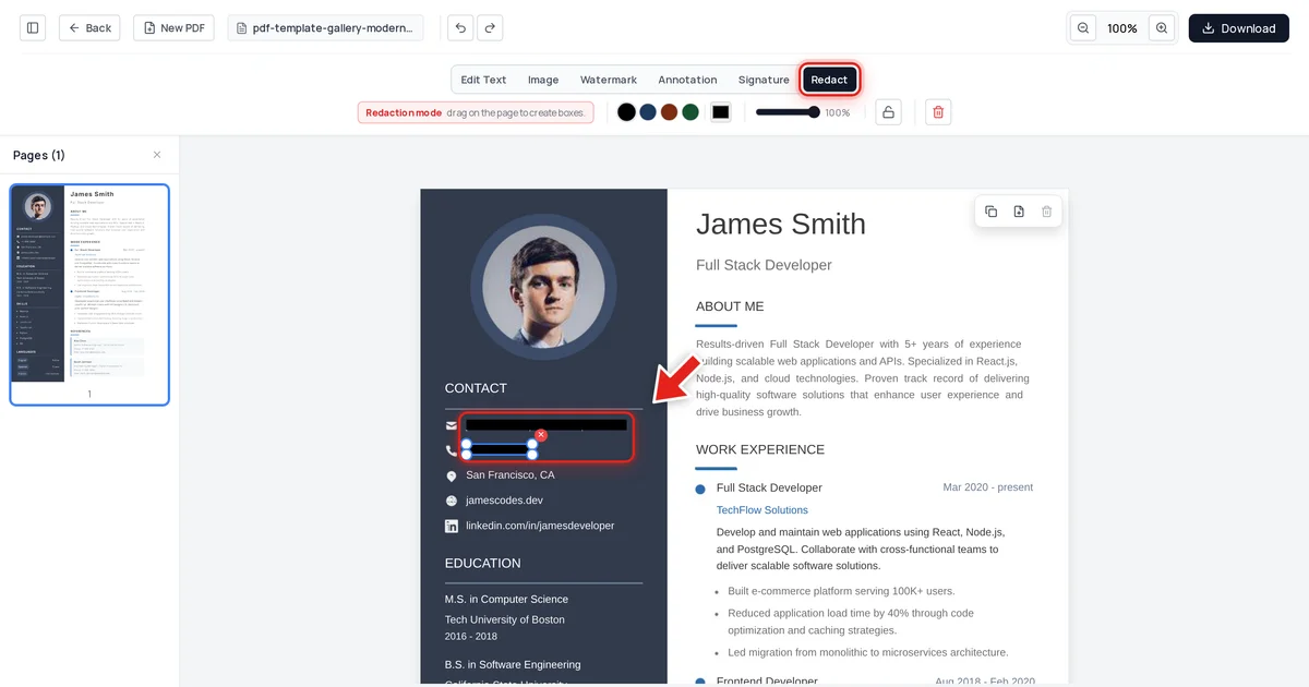 A resume's email and phone number redacted with black bars in Redaction mode