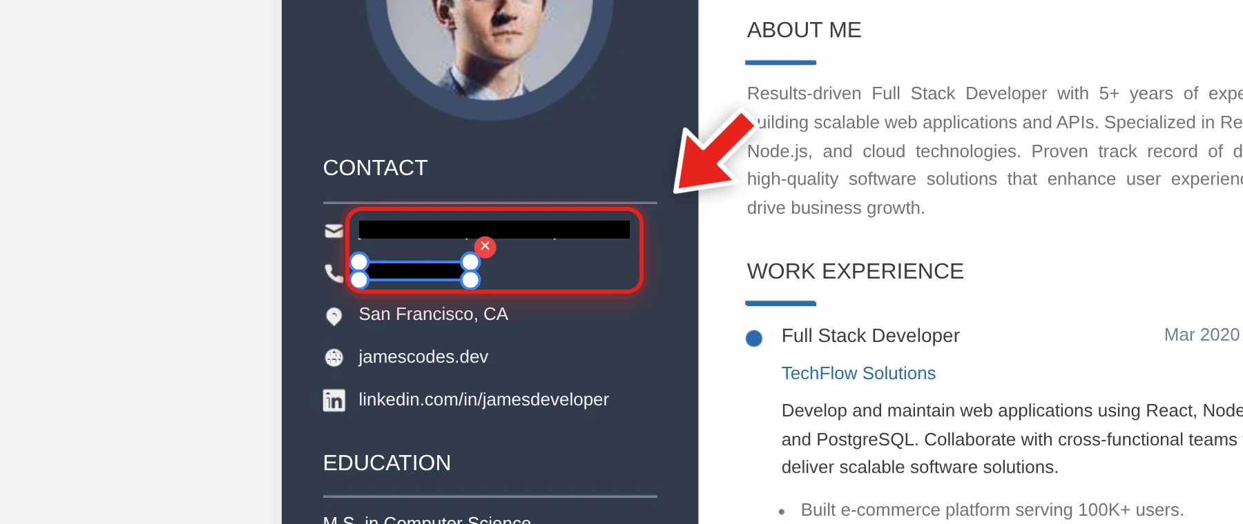 A resume's email and phone number redacted with black bars, shown in Redaction mode