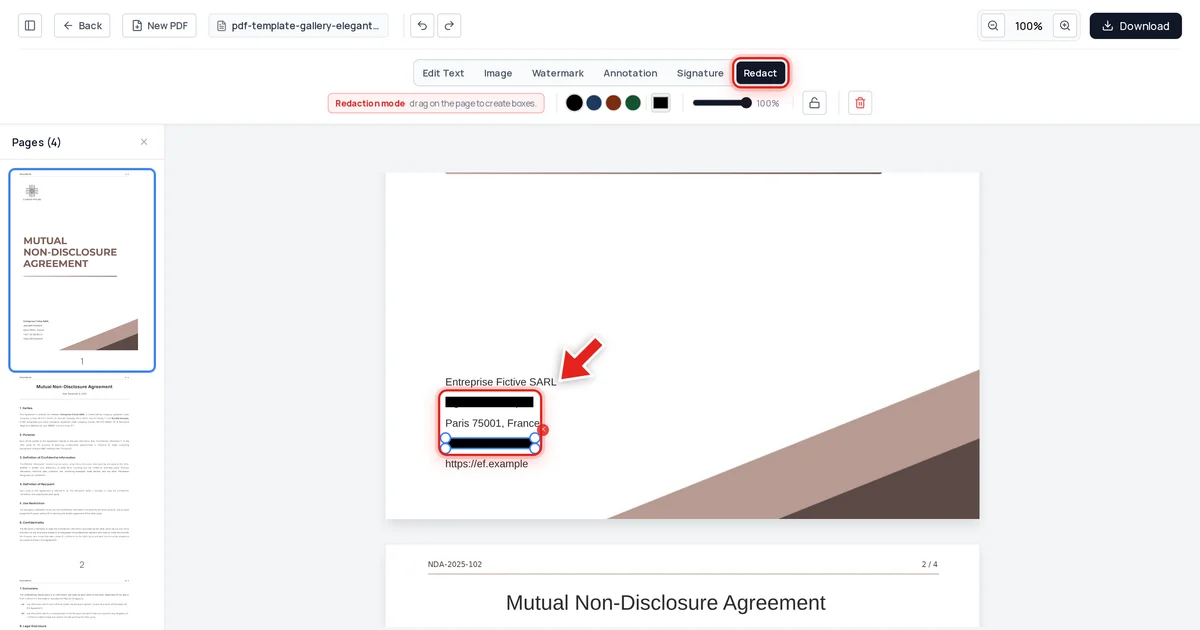 A company email and phone number redacted with black bars on a mutual NDA, shown in Redaction mode
